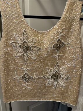 Source Unknown Gold Sequin Beaded Floral Tank